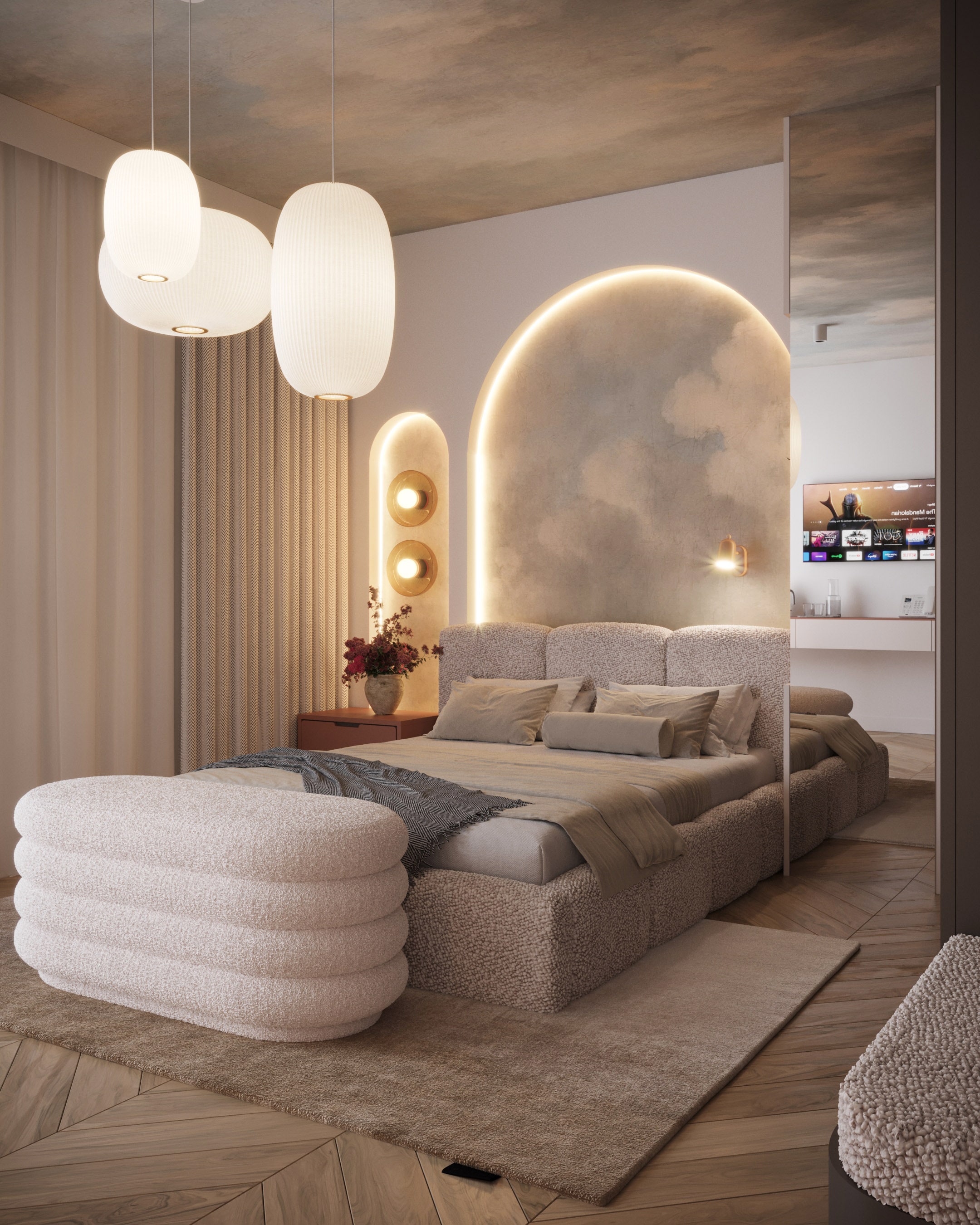 Apartament hotelowy — Sypialnia hotelowa z miękkim zagłówkiem i dekoracyjnym światłem