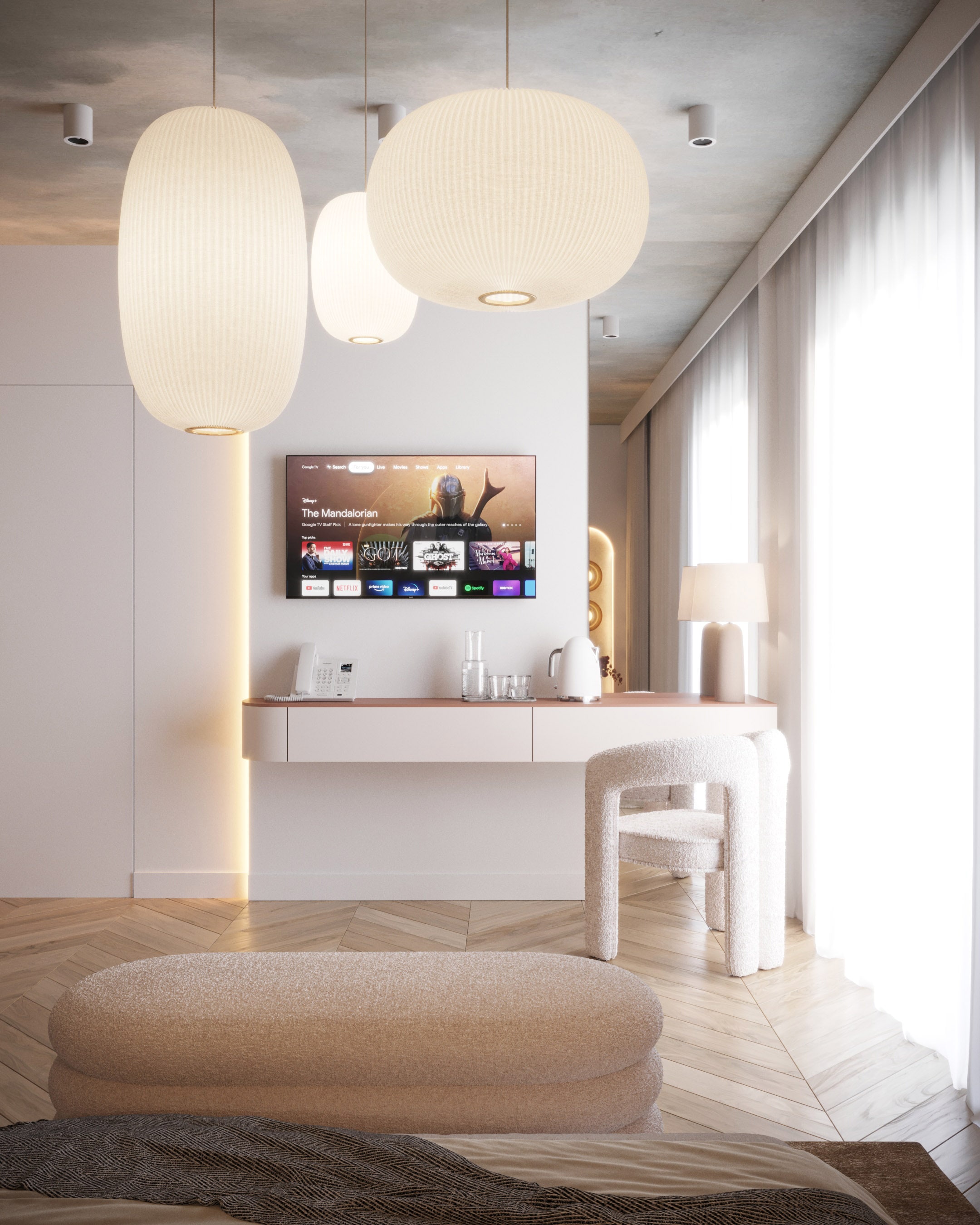 Apartament hotelowy — Apartament hotelowy z jasnymi tkaninami i ciepłym drewnem