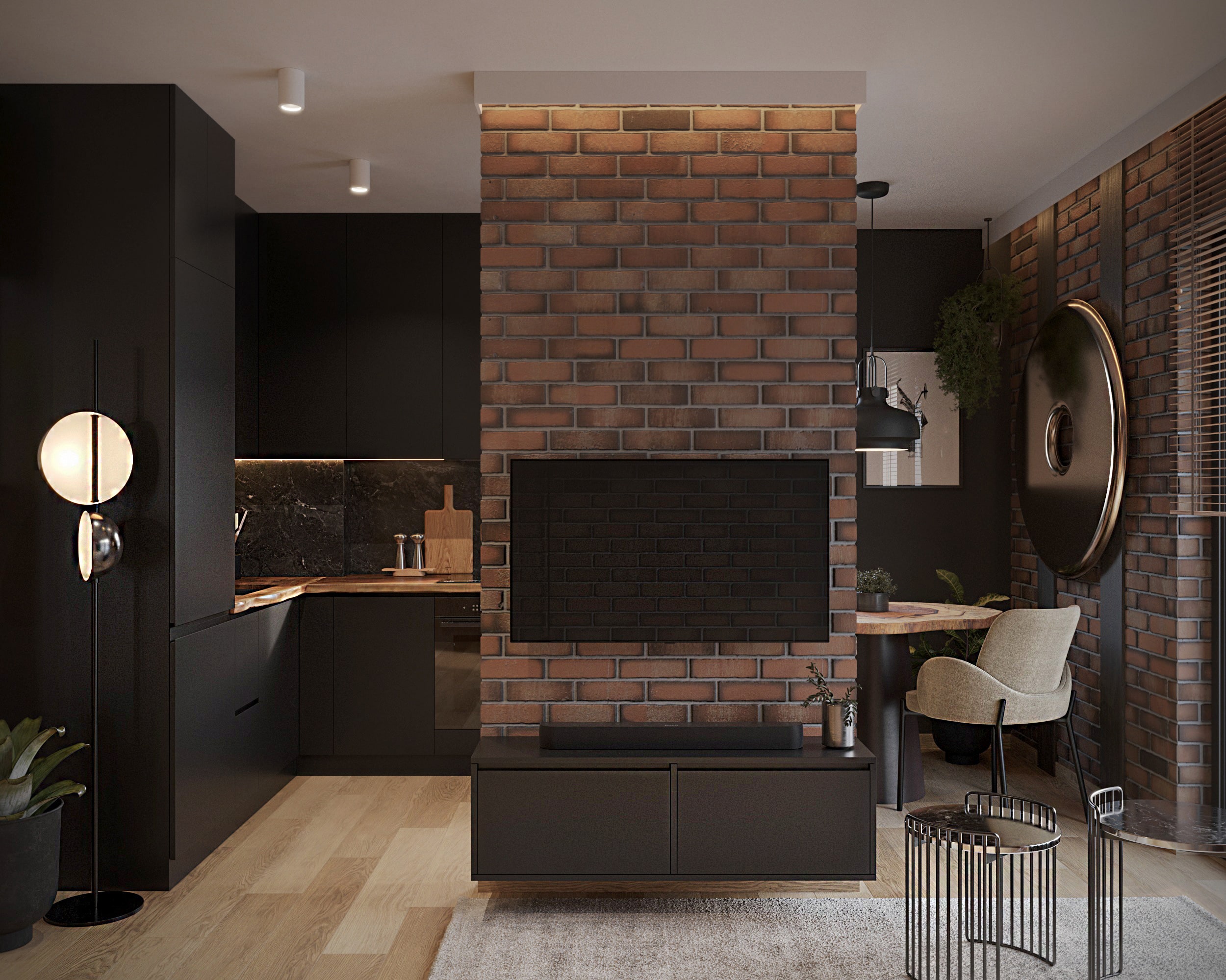 Apartament loftowy — Loftowy salon z cegłą, czarną zabudową i metalowymi detalami