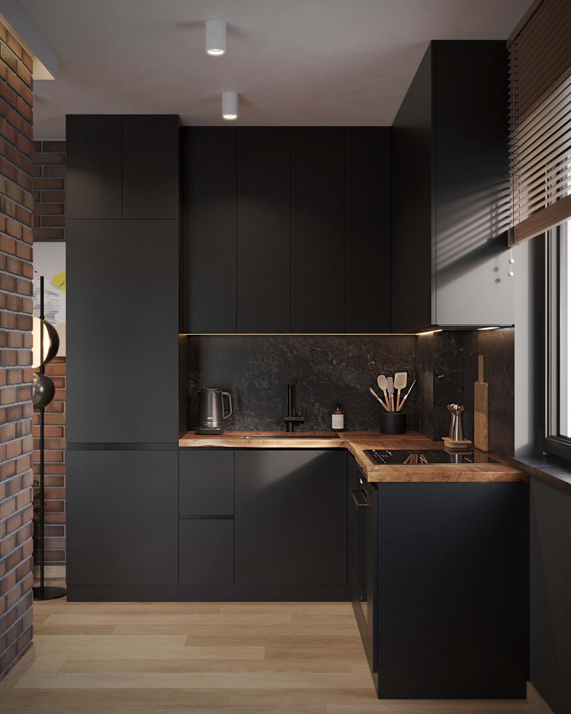 Apartament loftowy — Strefa dzienna apartamentu z ceglaną ścianą i ciemnym drewnem