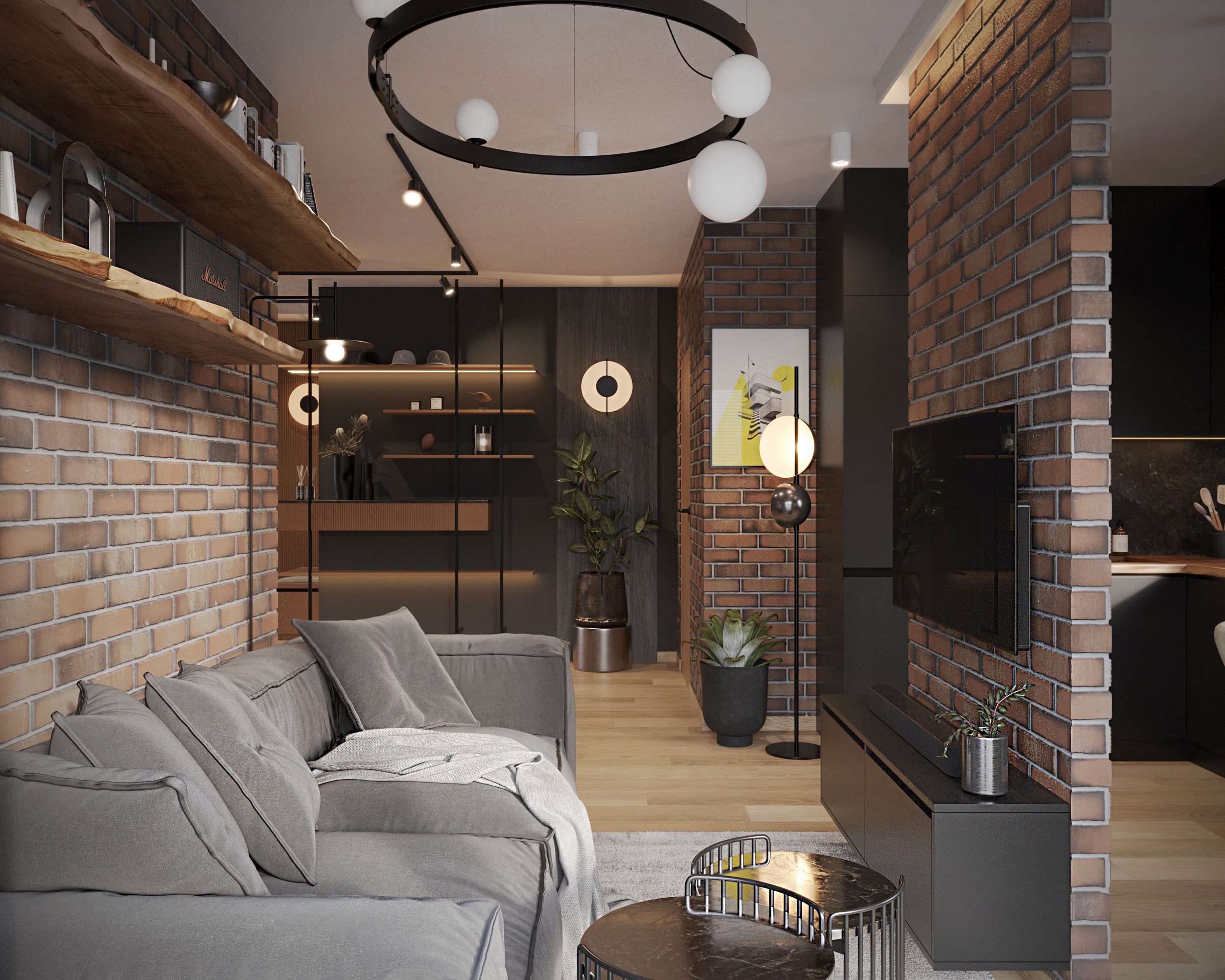 Apartament loftowy — Kuchnia loftowa z czarnymi frontami i kamiennym blatem