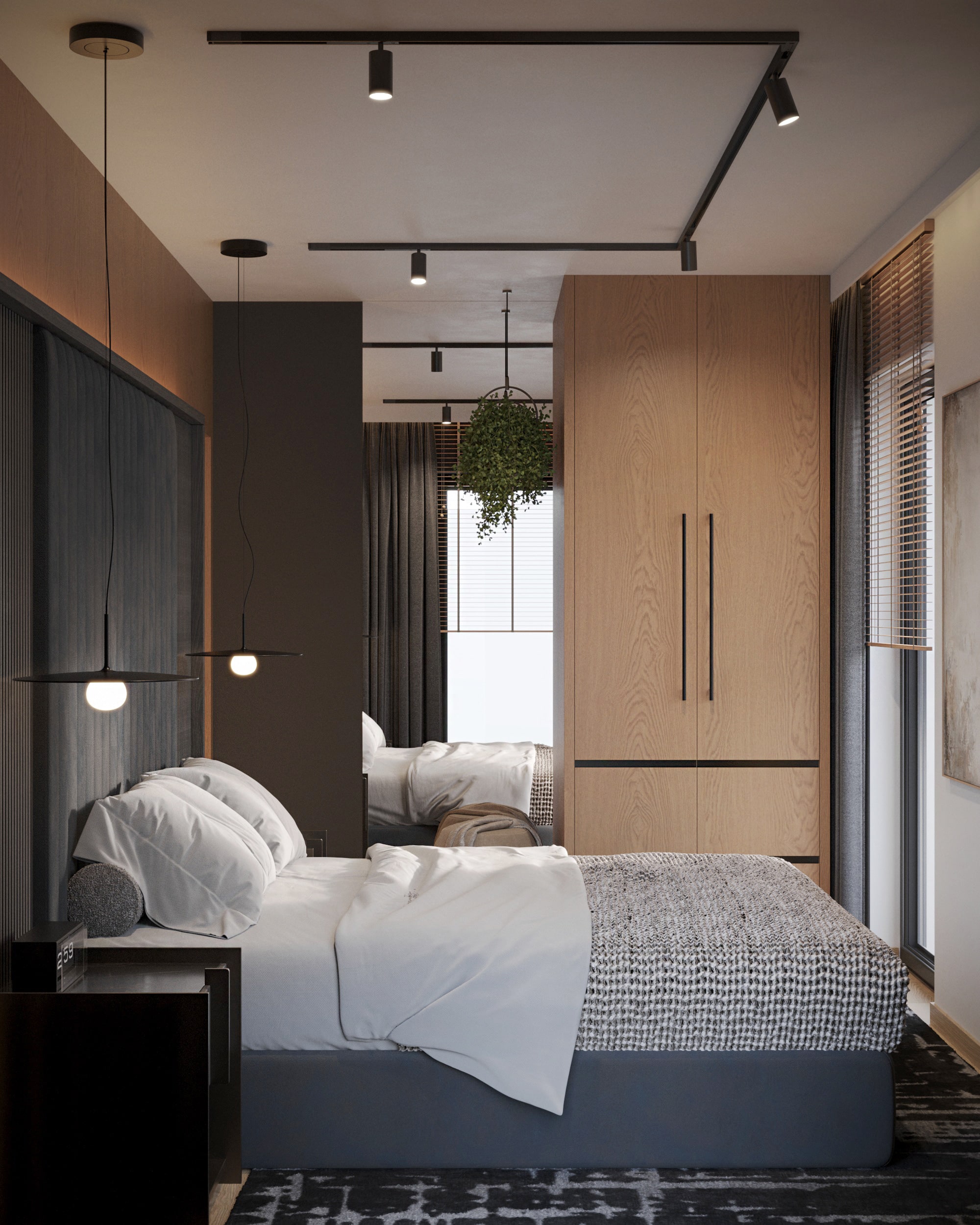Apartament loftowy — Sypialnia z ciemną zabudową i miękkimi tkaninami