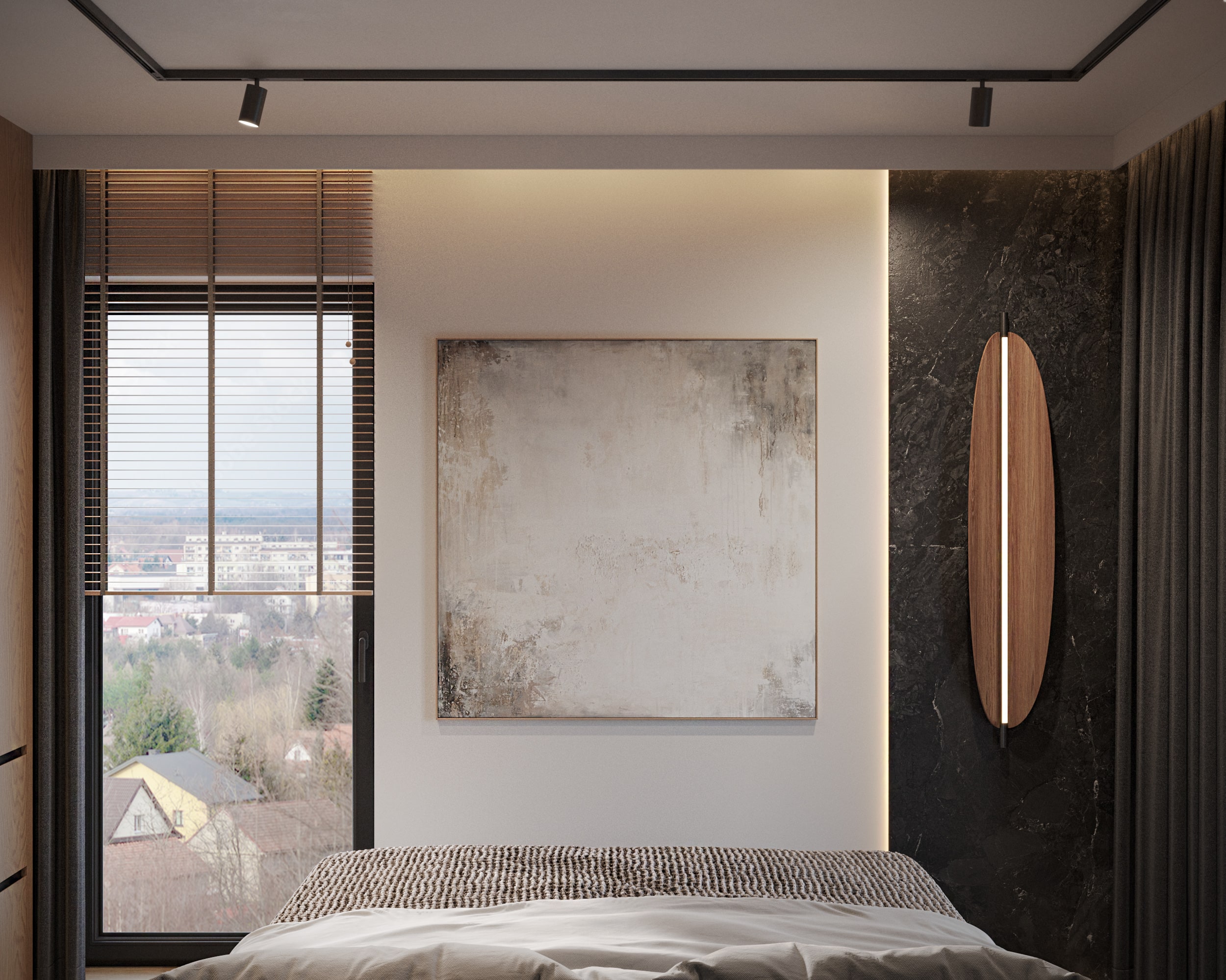 Apartament loftowy — Łazienka z grafitowym kamieniem i czarną armaturą