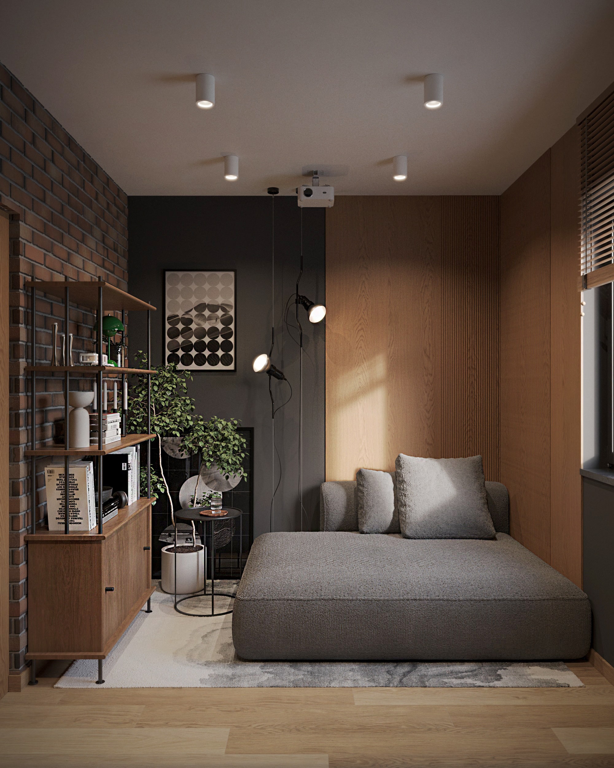 Apartament loftowy — Nastrojowy korytarz z ciemnymi płaszczyznami