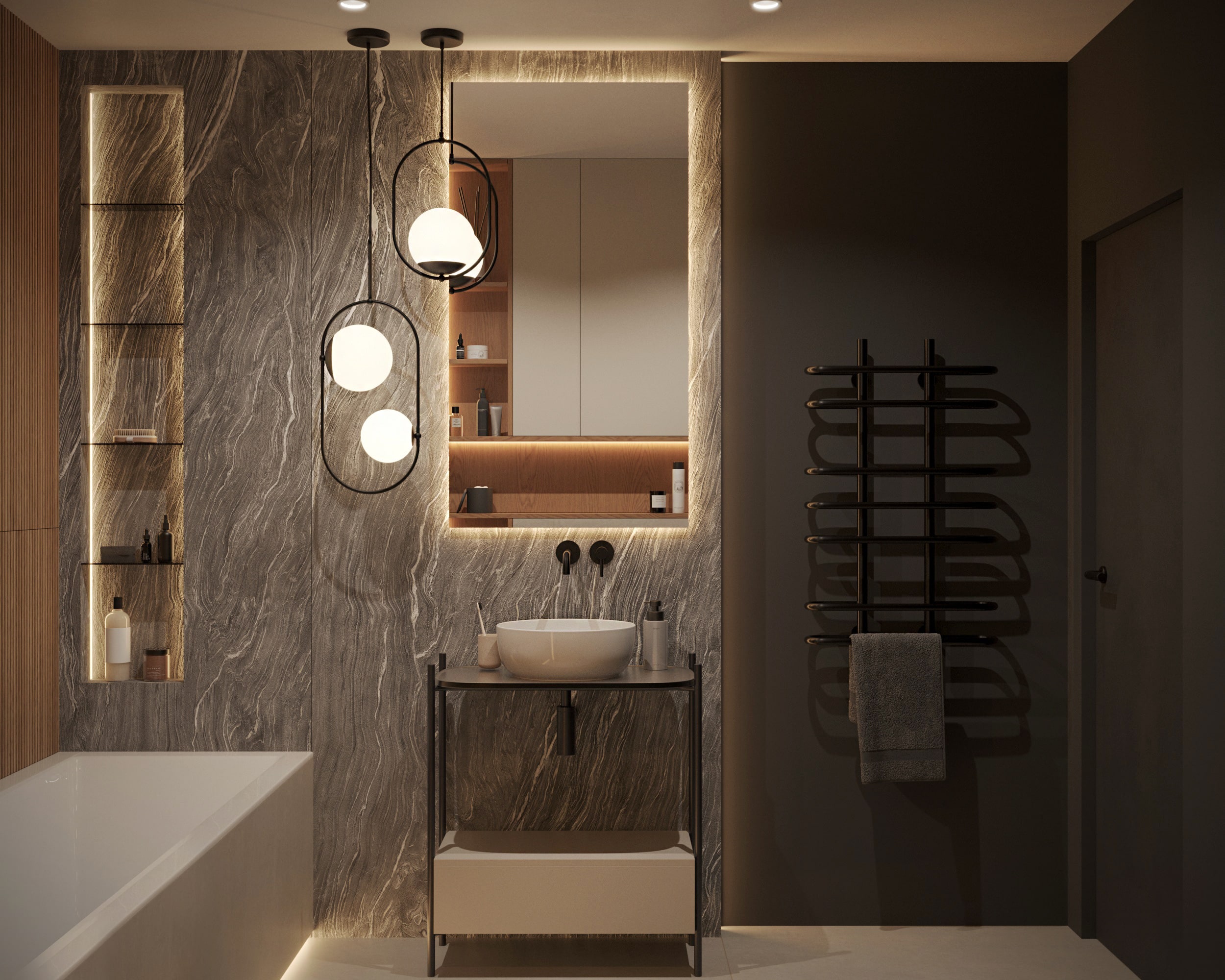 Apartament loftowy — Widok przez loftowe wnętrze z rytmem czarnych ram
