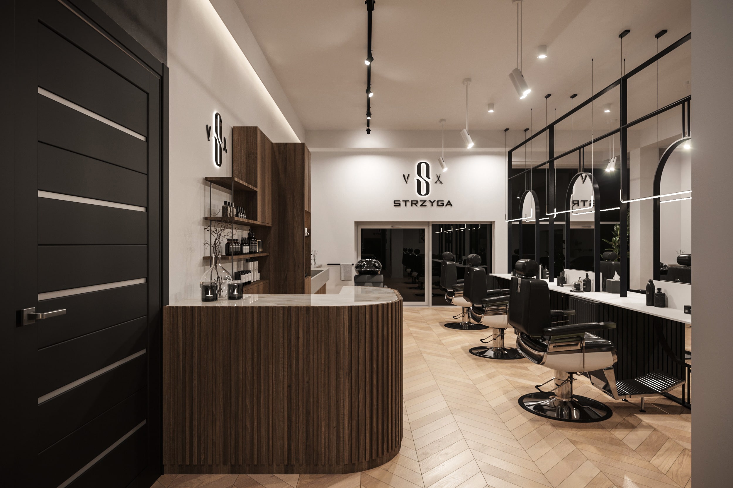 Barbershop — Recepcja barbershopu z drewnem, lustrem i czarnym metalem