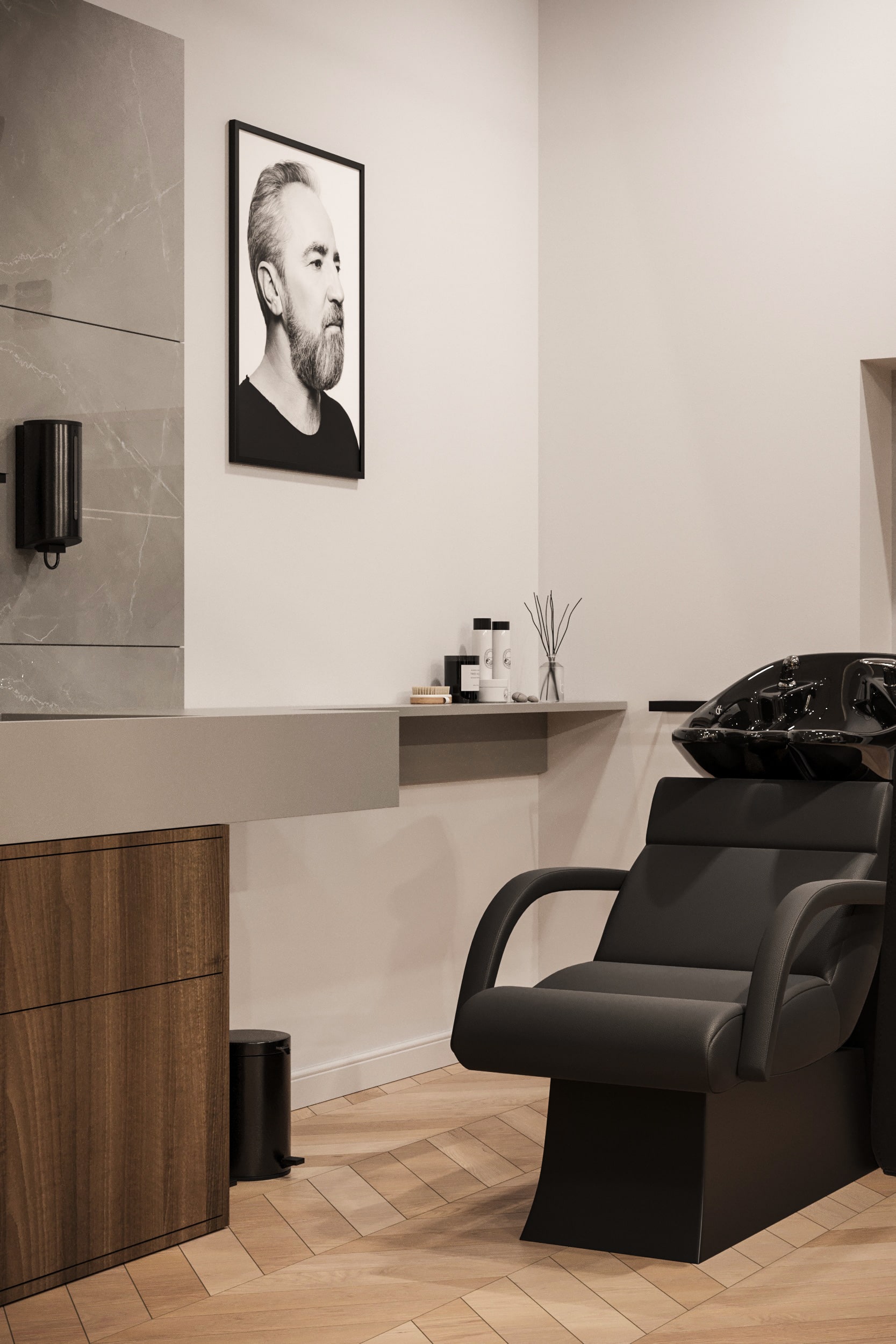 Barbershop — Stanowisko barberskie z grafitową okładziną i ciemną zabudową