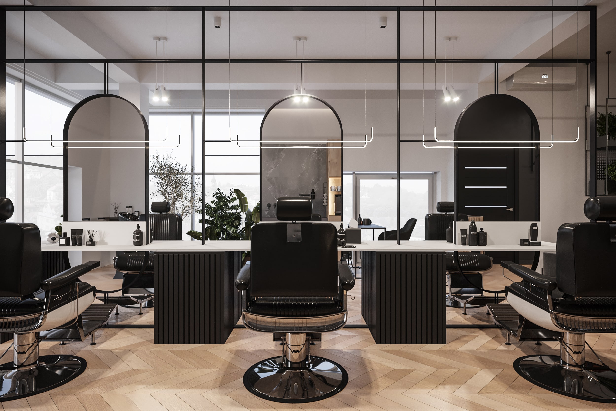 Barbershop — Rytm luster i stanowisk w industrialnym wnętrzu