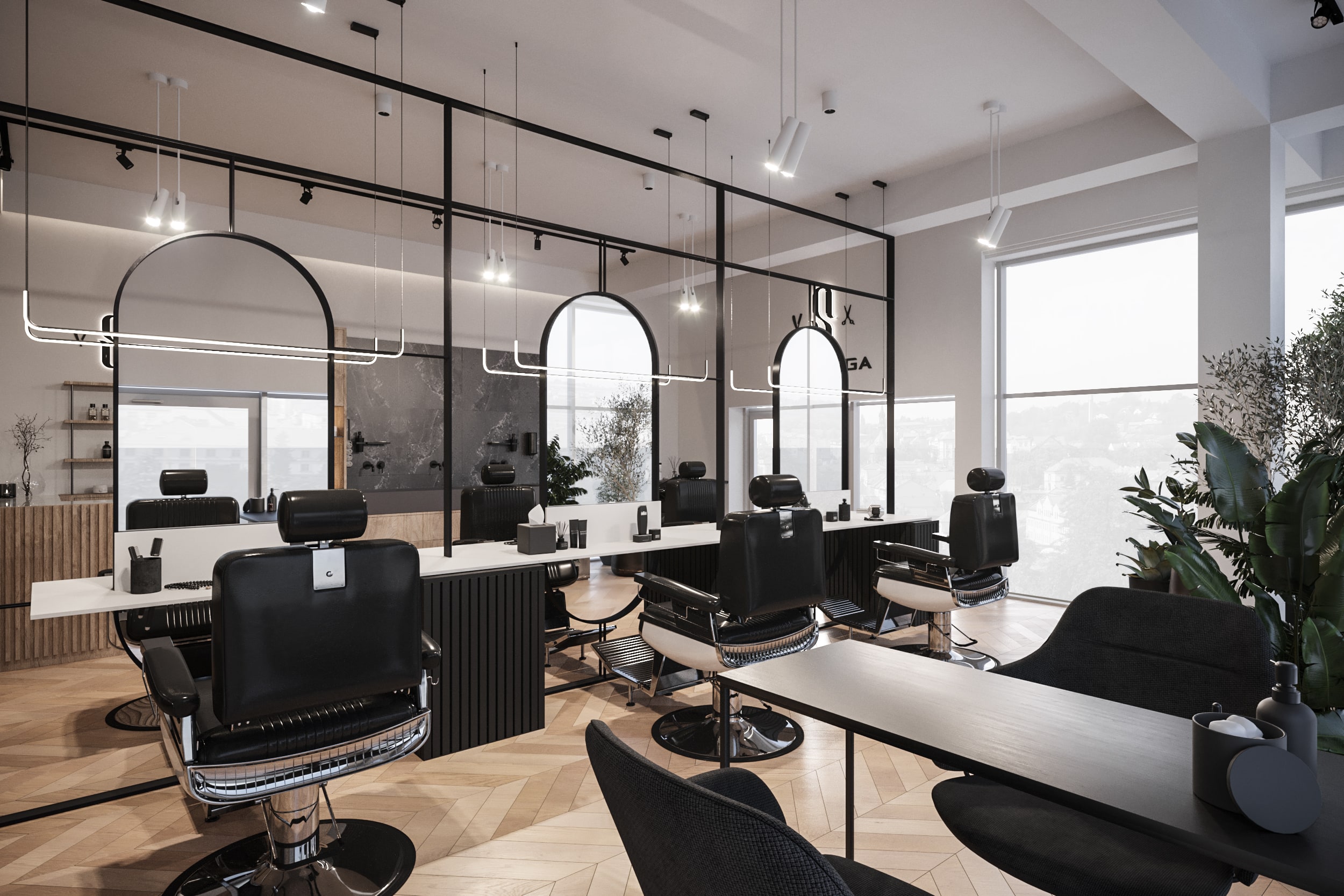 Barbershop — Strefa mycia z czarną ceramiką i drewnianą zabudową