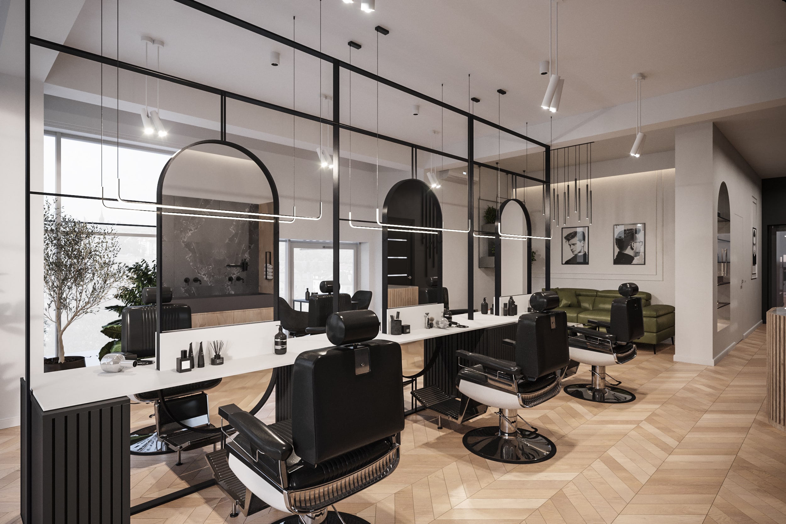 Barbershop — Pełna perspektywa jasnej strefy obsługi