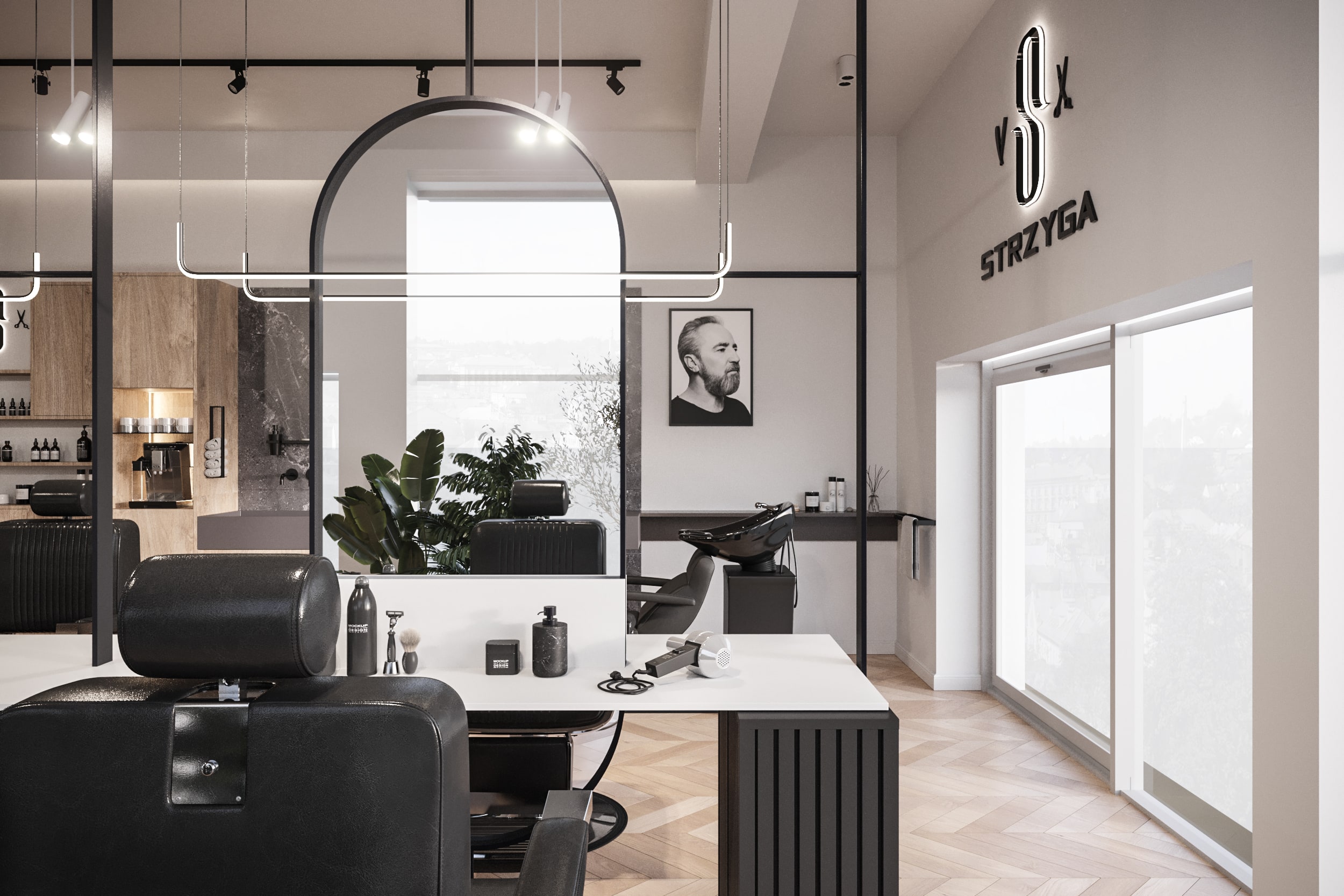 Barbershop — Barbershop z czarnymi fotelami, lustrami i drewnianą zabudową
