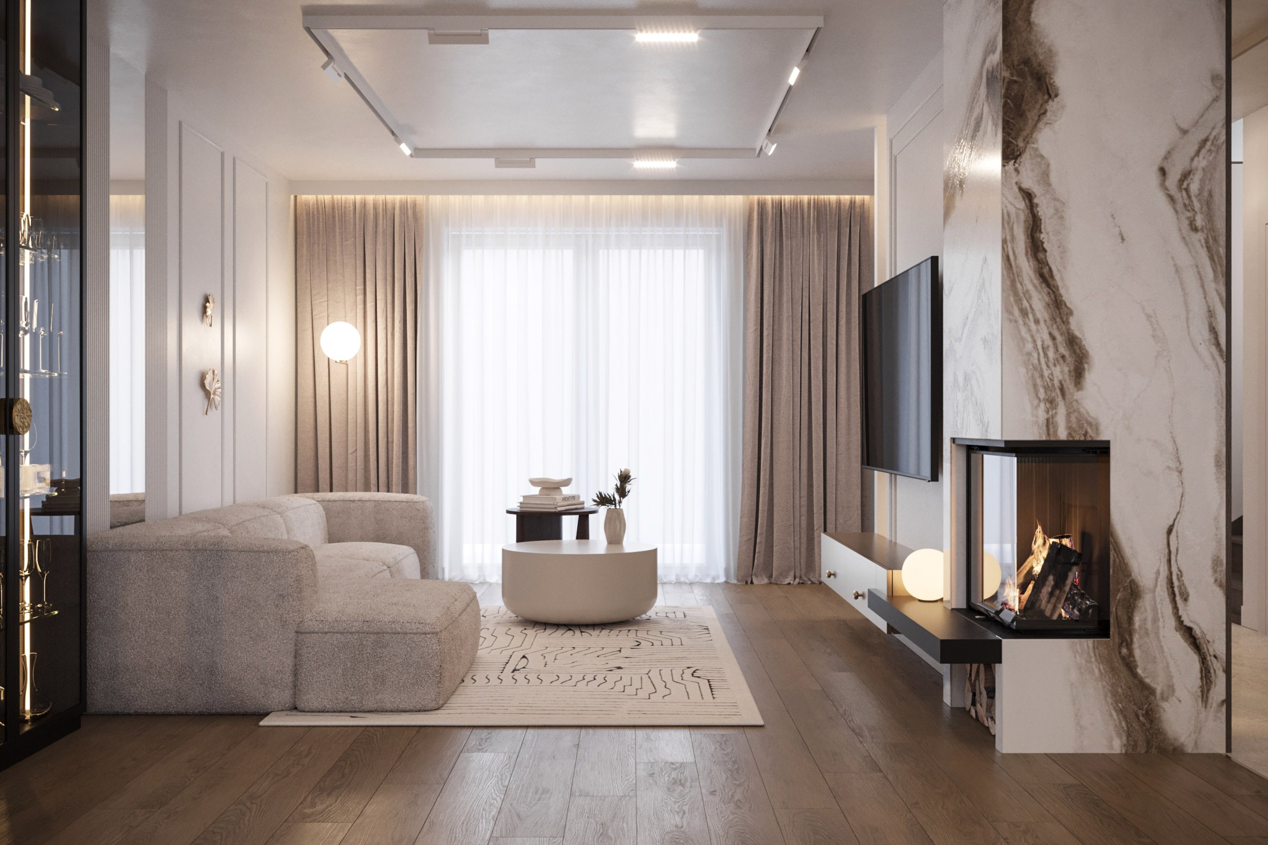 Spokojna elegancja — Salon domu z kominkiem, jasną sofą i kamiennym akcentem