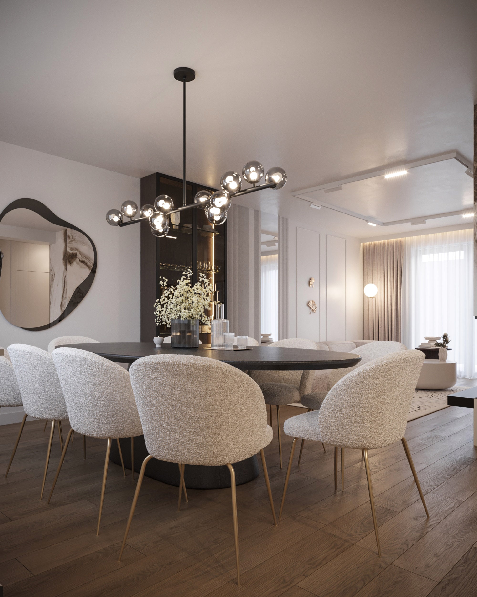 Spokojna elegancja — Jadalnia z drewnianym stołem i jasną zabudową