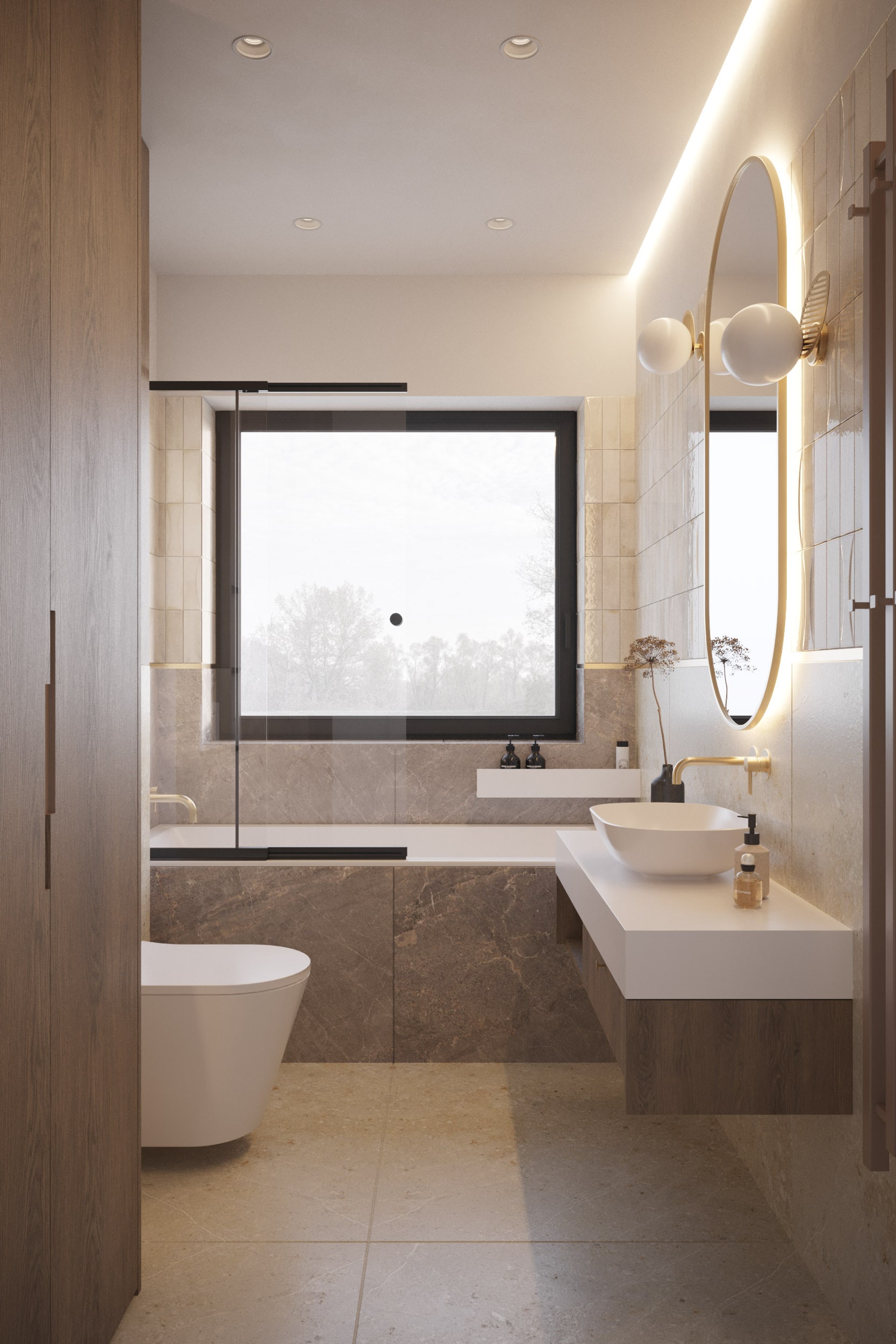 Prywatne spa — Prywatna łazienka spa z owalnym lustrem i kamienną okładziną