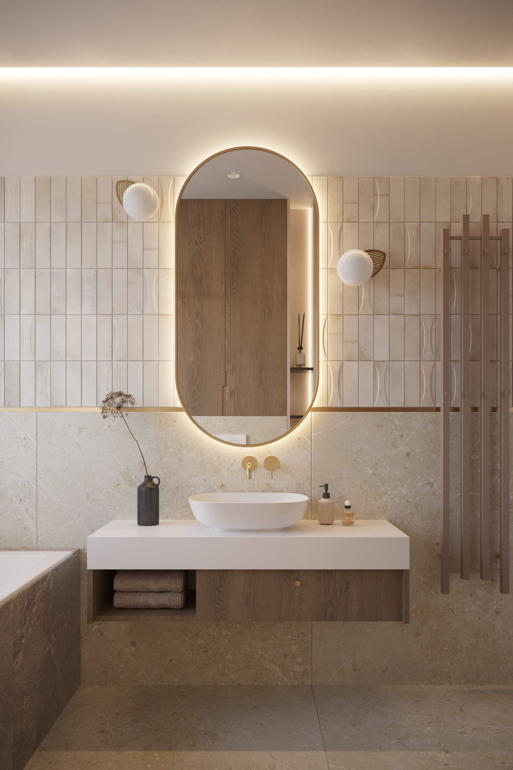 Prywatne spa — Prywatna łazienka spa z owalnym lustrem i kamienną okładziną
