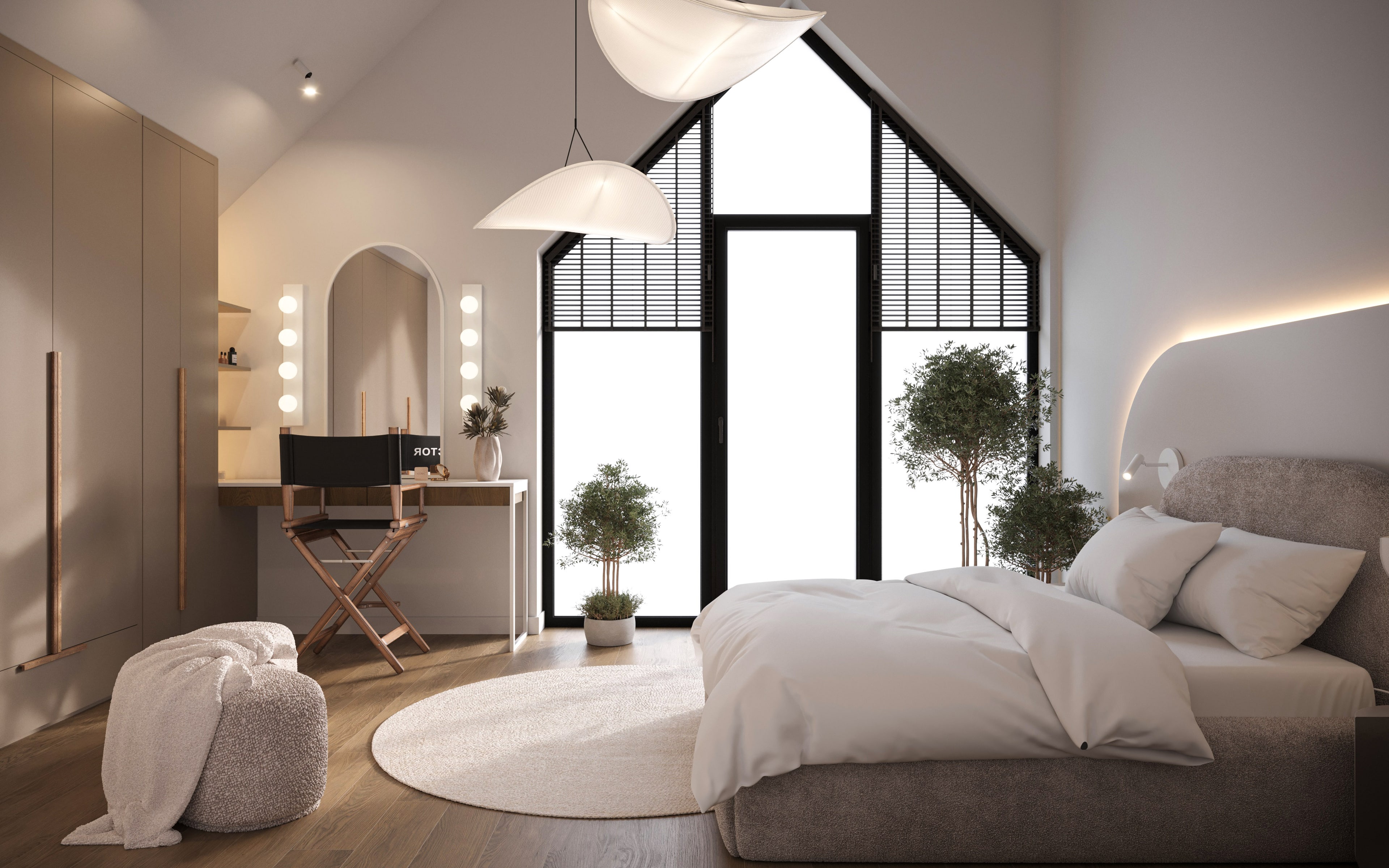 Soft Modern Residence — Sypialnia z miękkimi formami, oliwkowym drzewkiem i ciepłym światłem