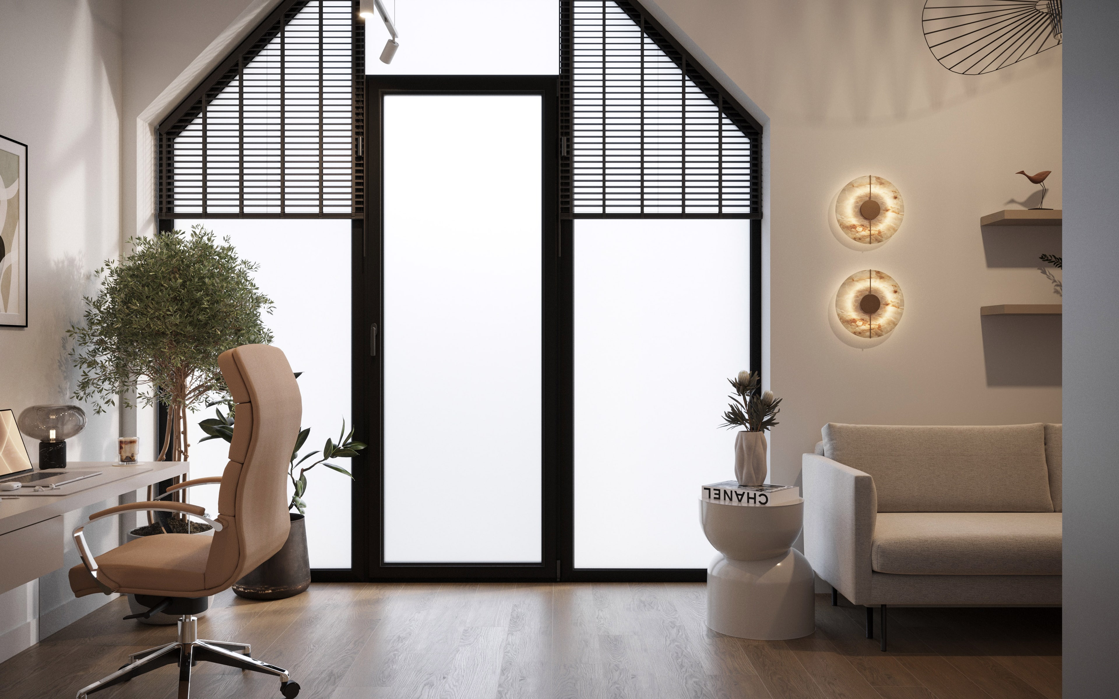 Soft Modern Residence — Kuchnia z jasną wyspą i detalami naturalnego drewna