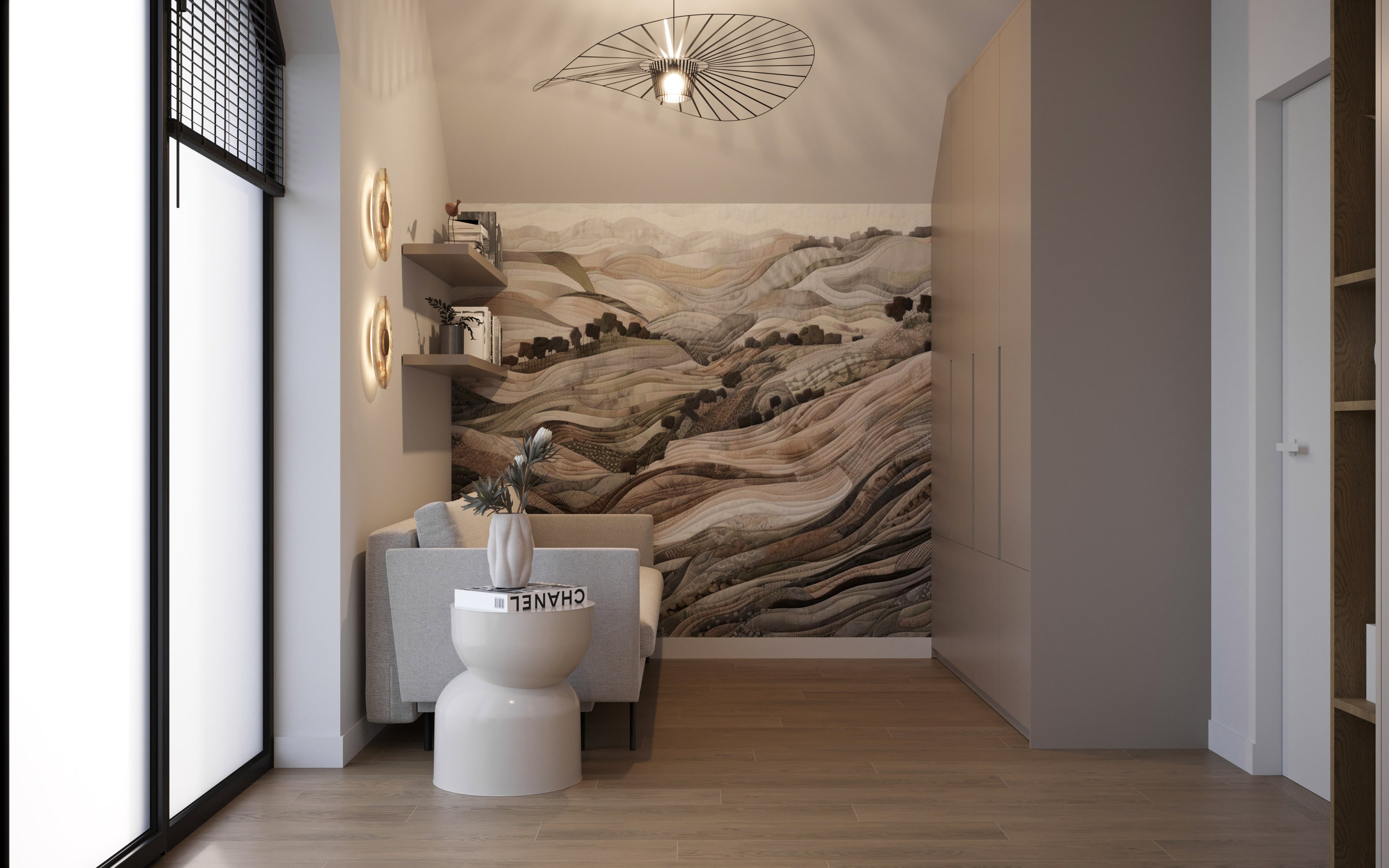 Soft Modern Residence — Jadalnia z rzeźbiarskim oświetleniem i miękkimi krzesłami