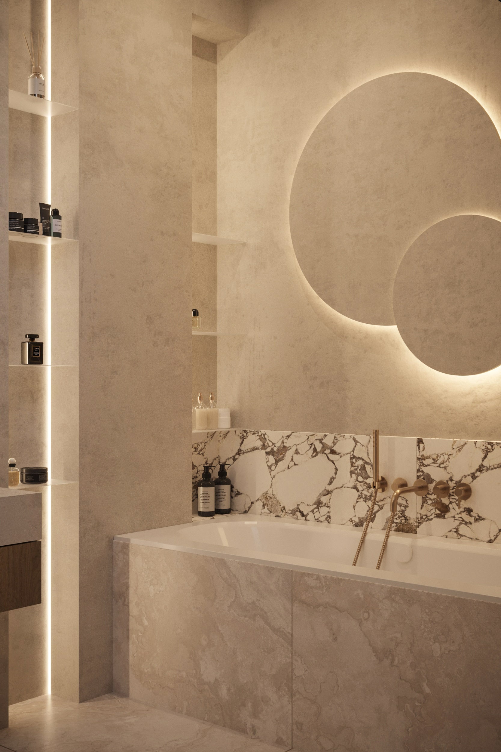 Soft Modern Residence — Łazienka z kamieniem, drewnem i zaokrąglonym lustrem