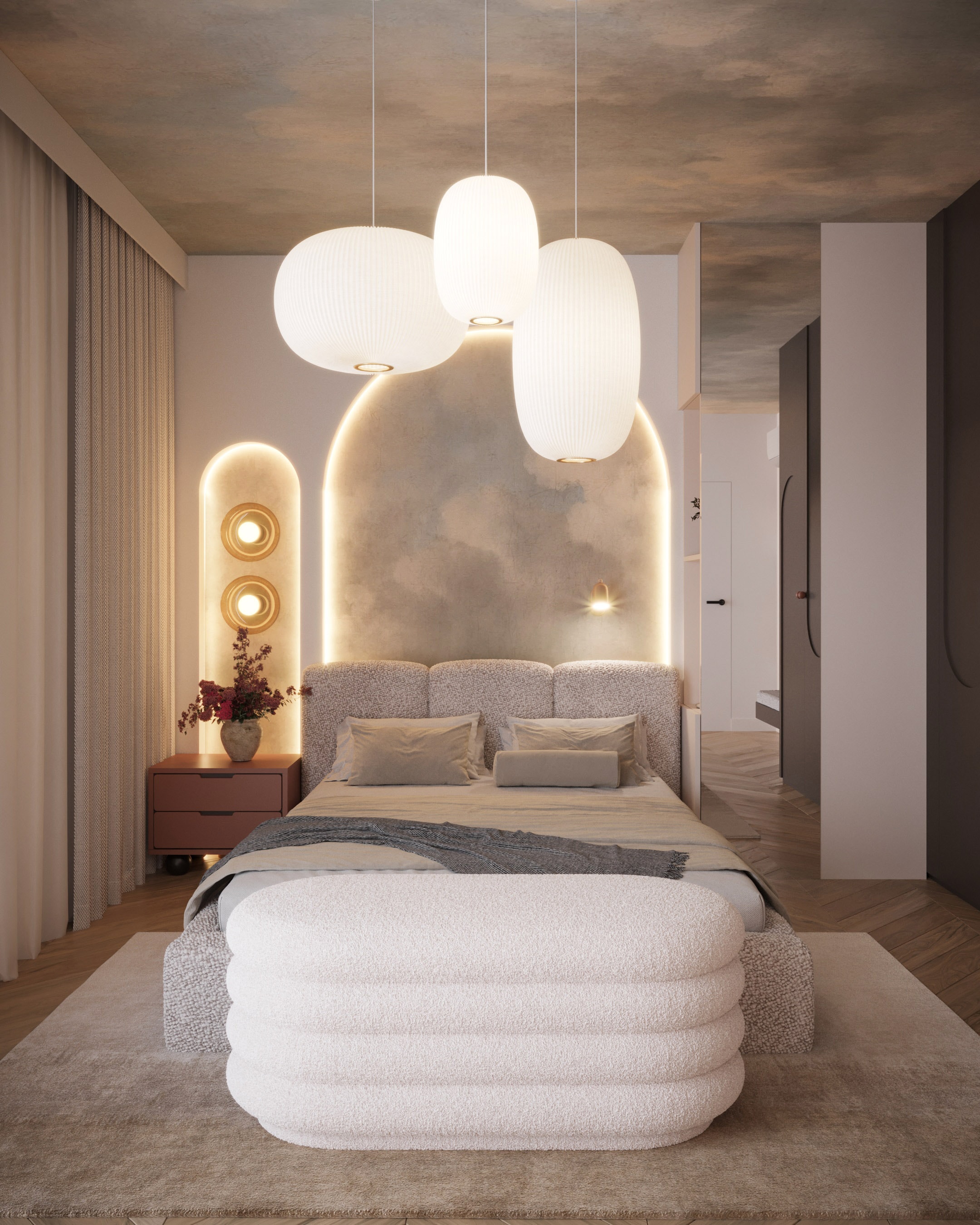 Apartament hotelowy — Sypialnia hotelowa z miękkim zagłówkiem i dekoracyjnym światłem