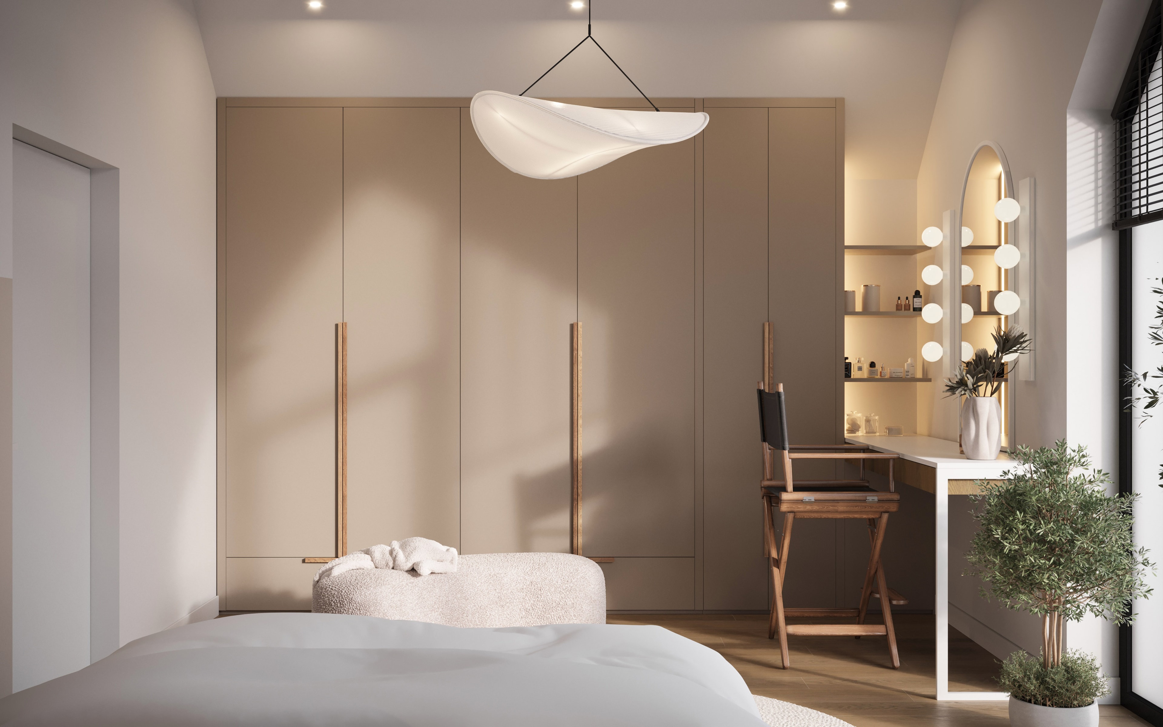 Soft Modern Residence — Sypialnia z miękkimi formami, ciepłym światłem i oliwkowym drzewkiem